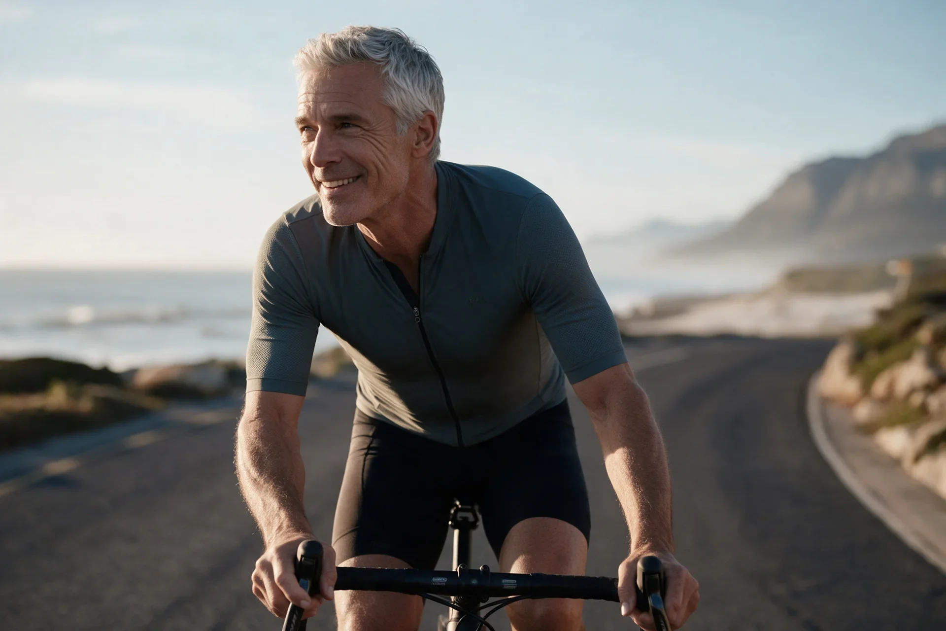 A man cycling along a coastal road, smiling.